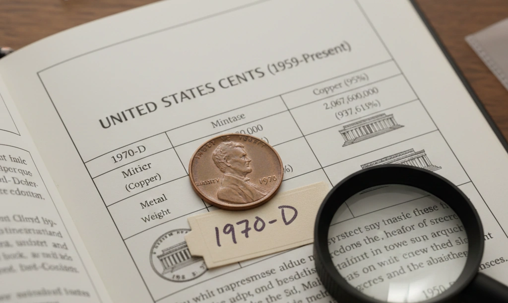 Flat lay of 1970-D penny with coin reference guide