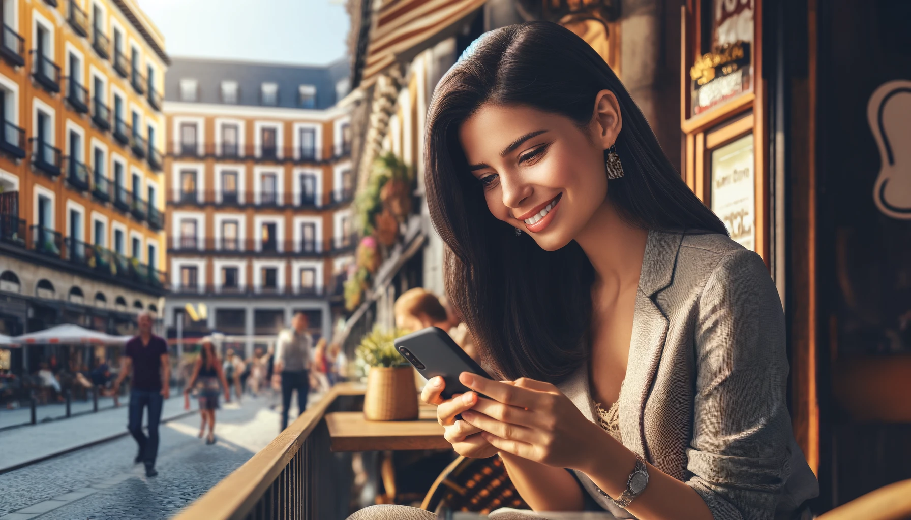 a smiling woman using her phone in Spain, sitting at a bustling outdoor cafe in Madrid.