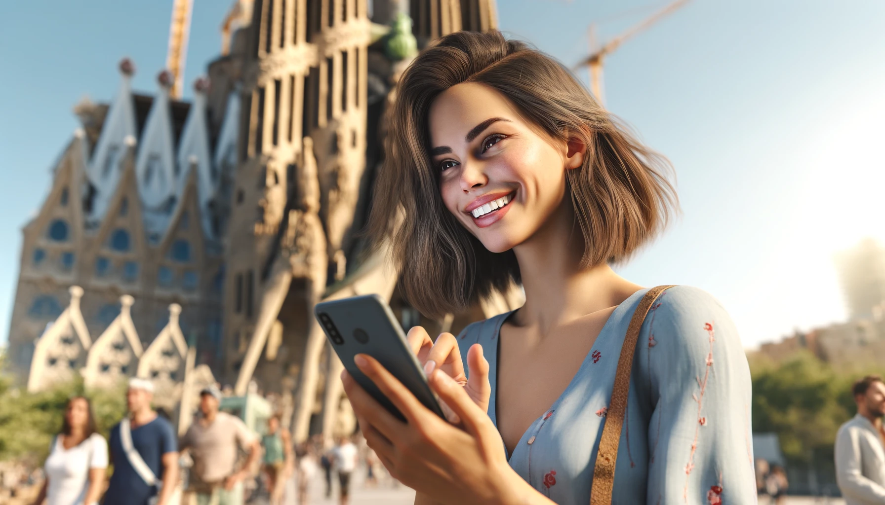 a smiling woman using her phone in Spain, standing in front of the Sagrada Familia in Barcelona.