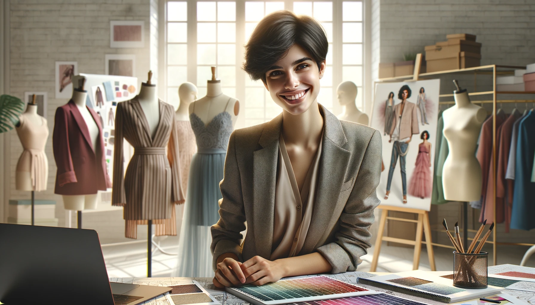 a smiling Spanish designer presenting their latest collection. The designer has short dark hair and is dressed elegantly.