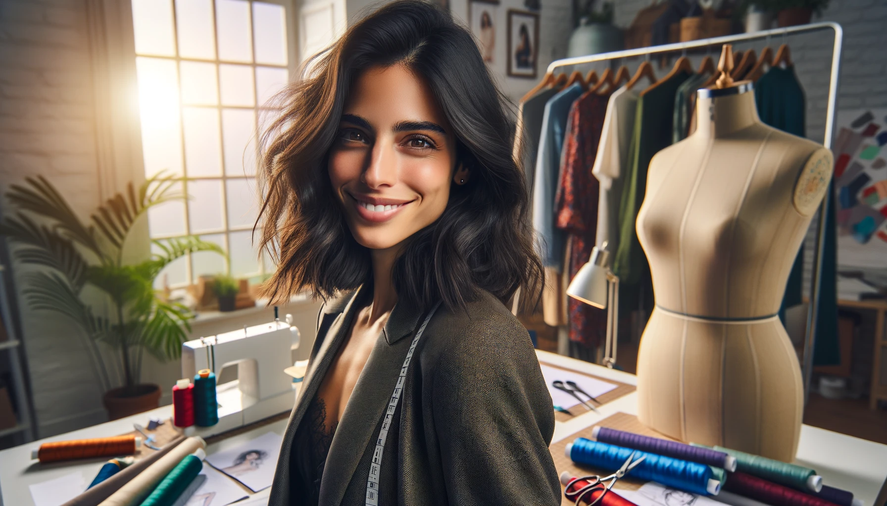 a smiling Spanish designer in their studio. The designer has medium-length dark hair and is wearing a stylish outfit.