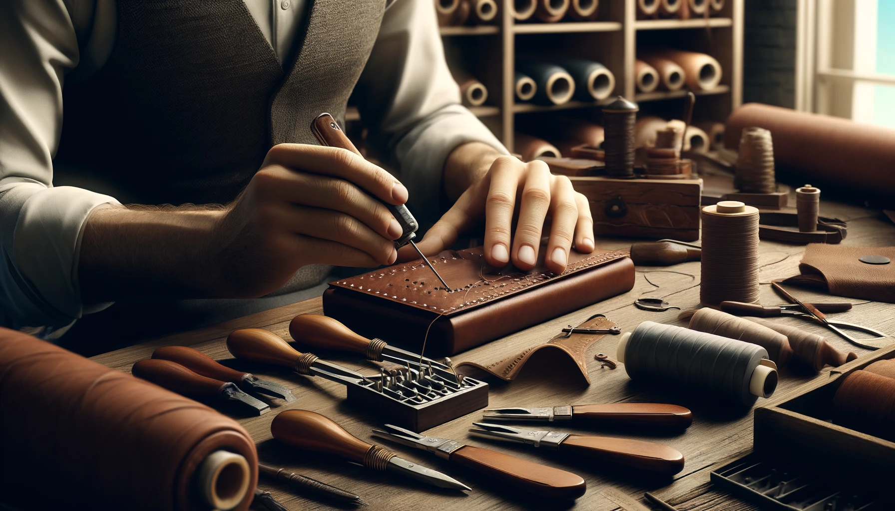 a leather crafting workspace. The scene includes a wooden workbench filled with tools such as leather punches, needles, and cutting tools.