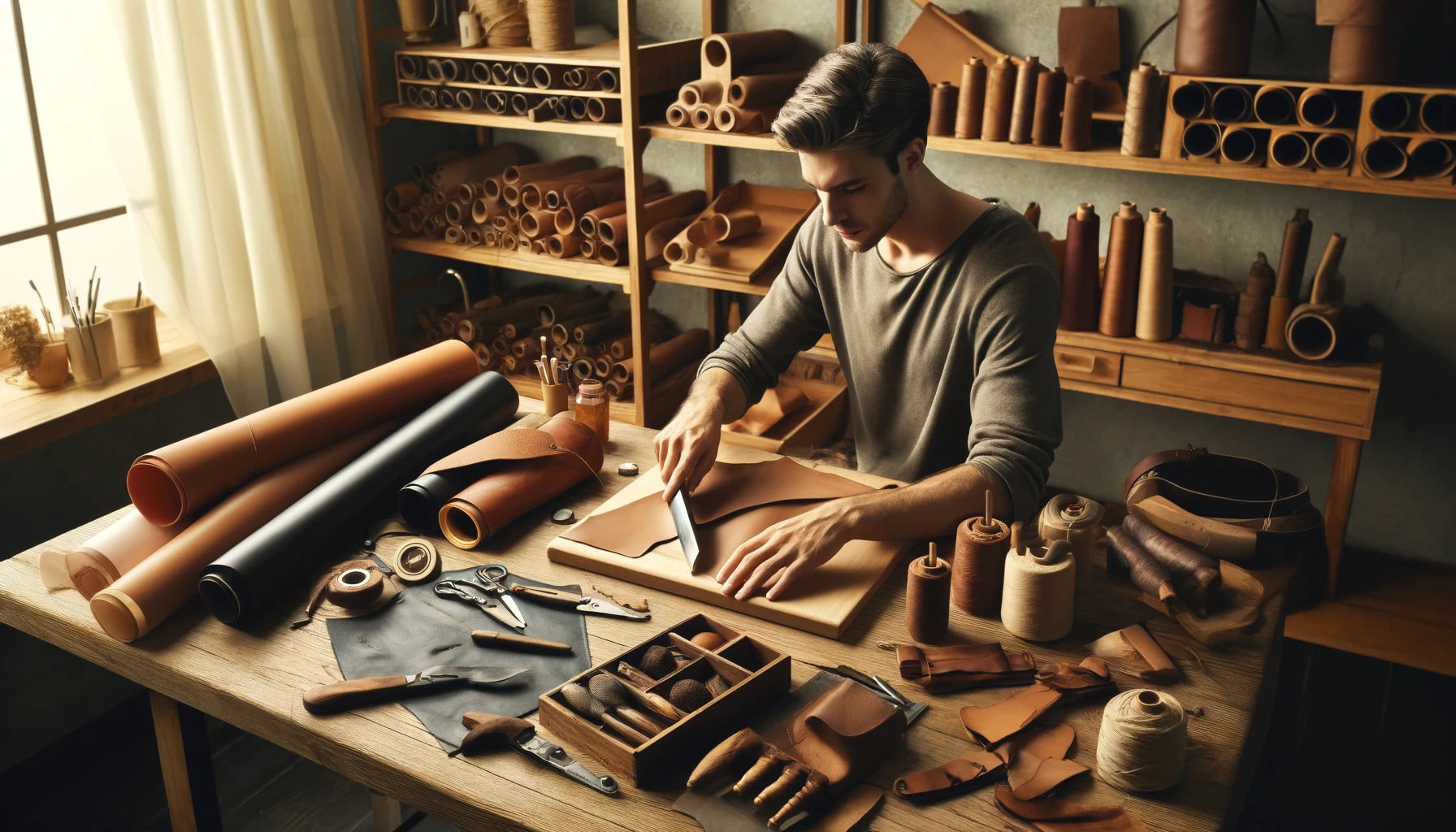 an artisan crafting leather goods. The workspace includes a wooden table covered with leather scraps, tools like cutting knives, mallets, and stitching awls.