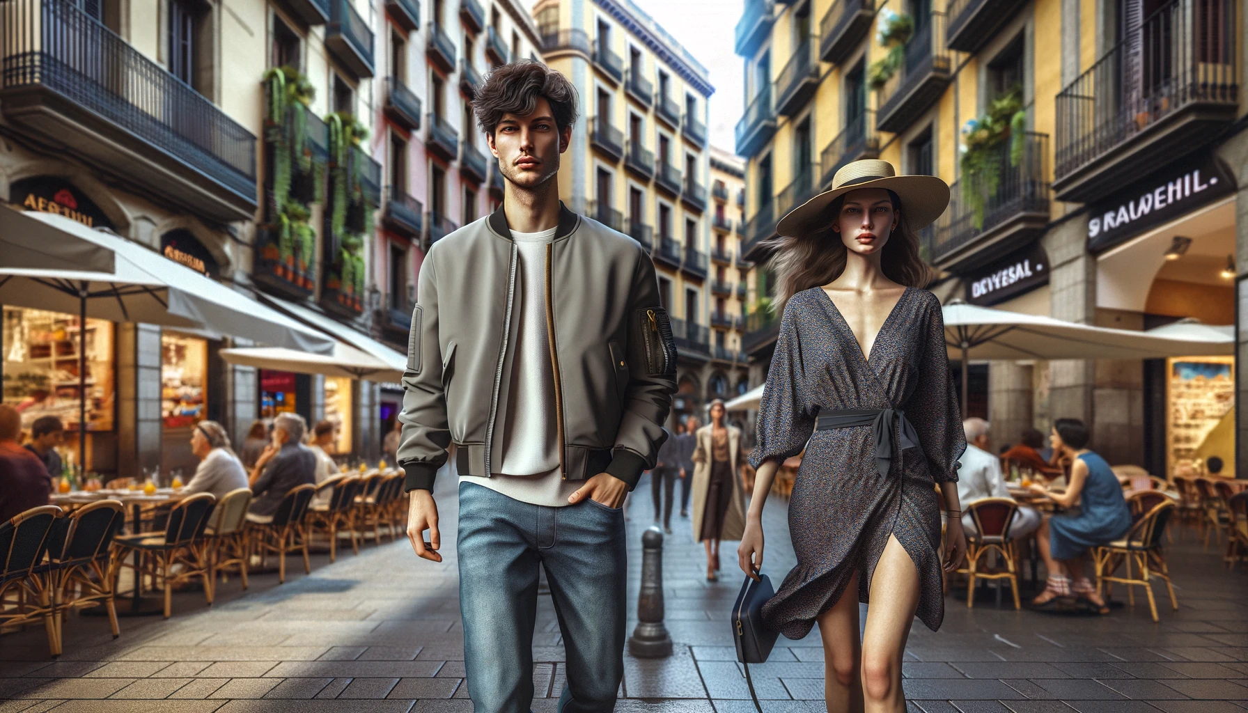 street style in Spain, showing a young man and woman walking through a bustling street in Barcelona.