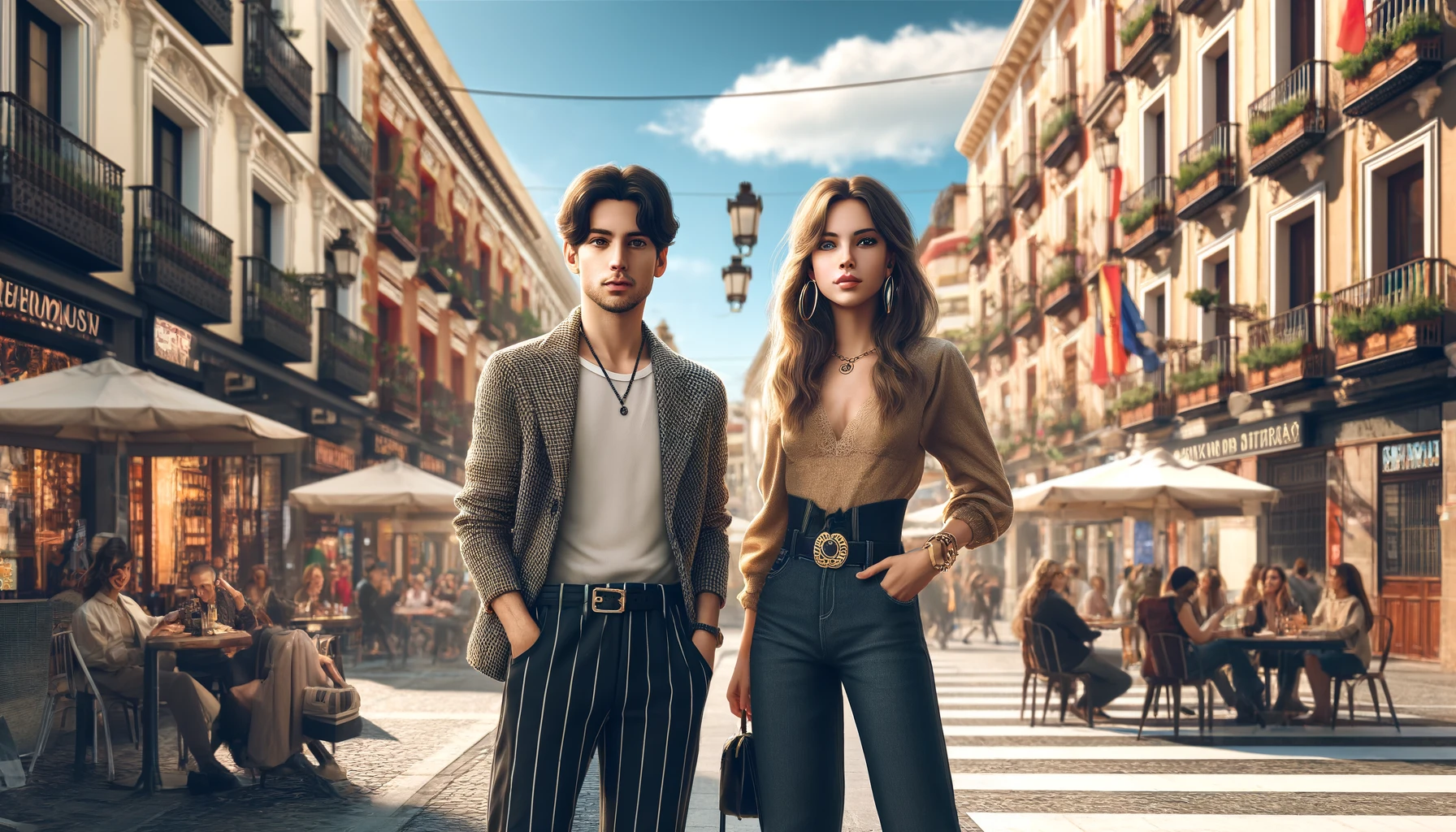 treet style in Spain, focusing on a young couple in fashionable outfits standing on a lively street.