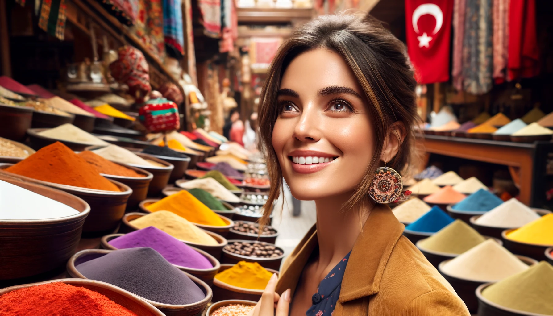 a smiling Spanish woman exploring a traditional Turkish bazaar, surrounded by colorful spices and textiles.