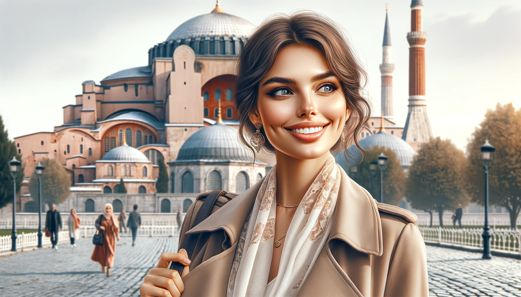 a smiling Spanish woman enjoying her visit in front of the iconic Hagia Sophia in Turkey.