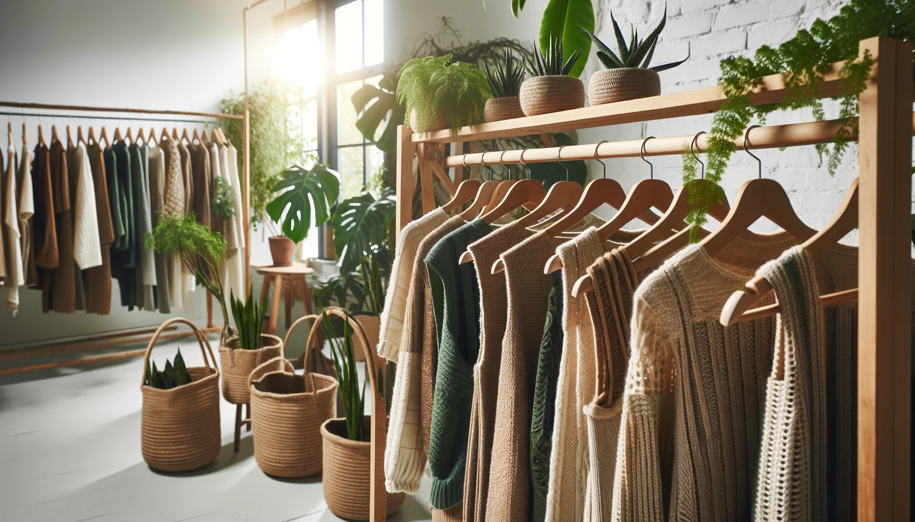 A close-up of a sustainable fashion collection: beautifully designed garments made from organic and recycled materials, displayed on wooden racks.