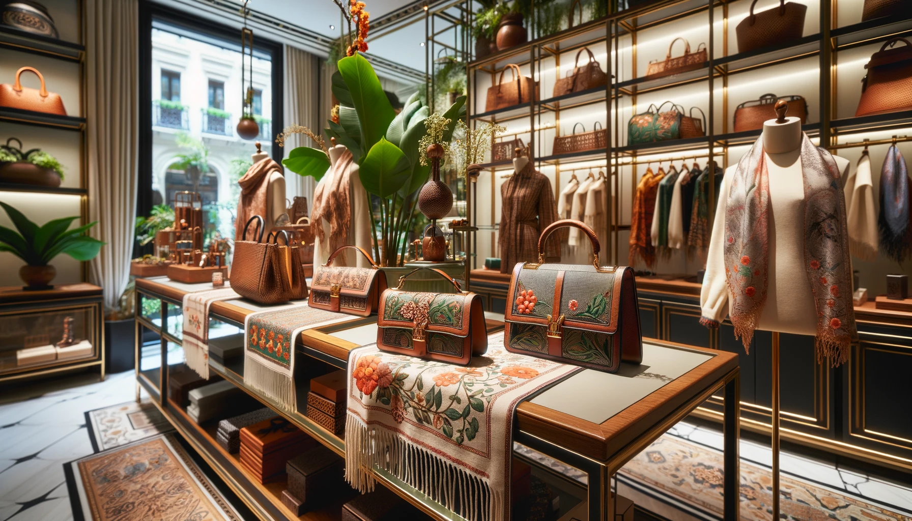 A high-end fashion display in a boutique, featuring luxury accessories inspired by Spanish plants.