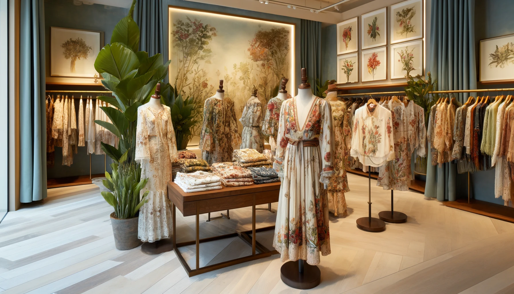A display of luxury clothing in a boutique featuring elegant garments with floral prints inspired by Spanish plants.
