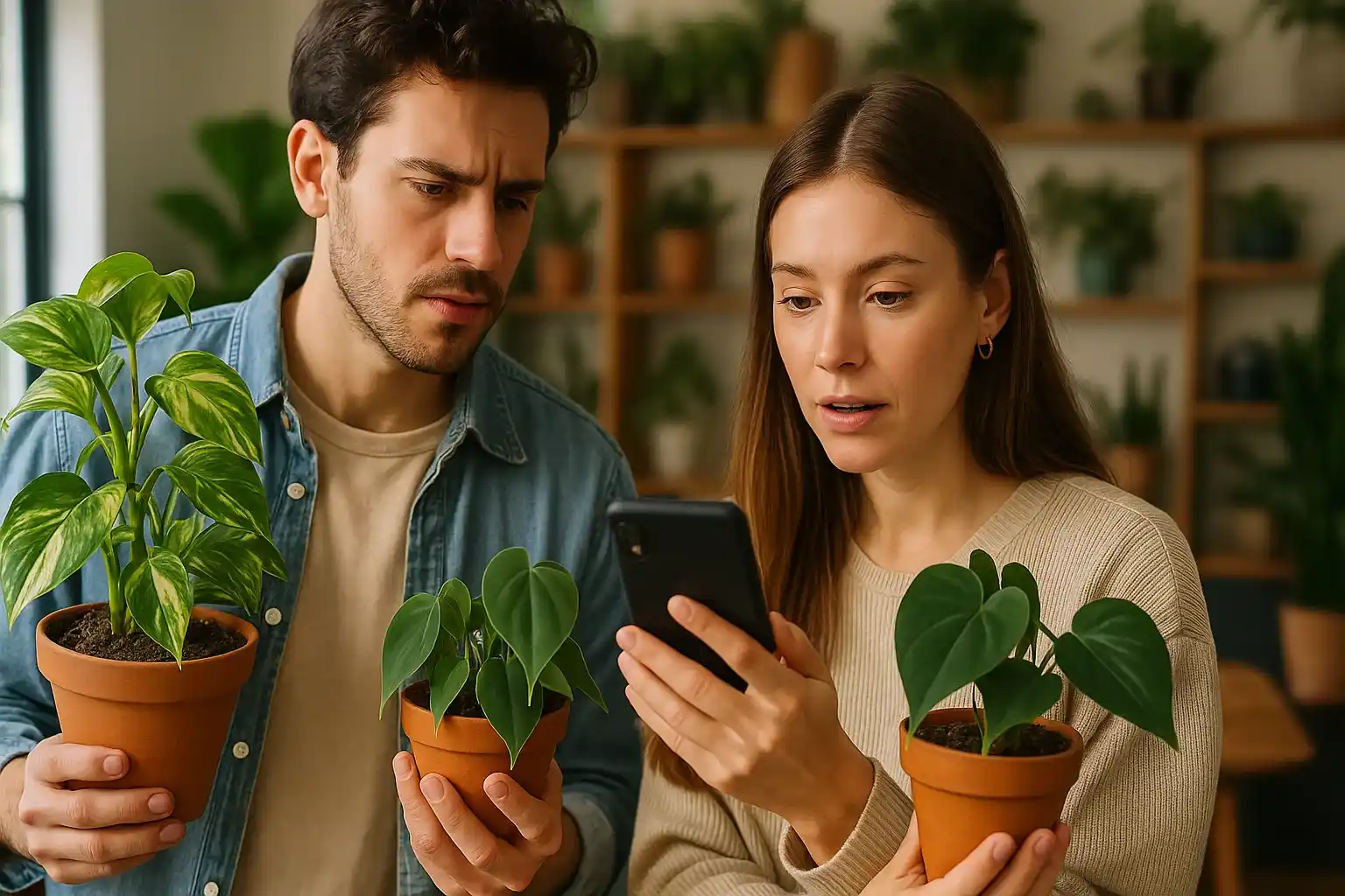A pair carefully examines nearly identical potted plants on a store shelf, showing the challenge of choosing the right one when appearances are deceiving.