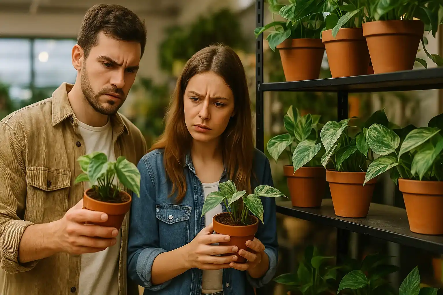 A young couple uses a smartphone to compare two similar houseplants, highlighting how easy it is to confuse lookalike species.