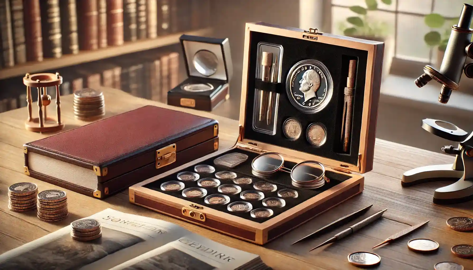 numismatic accessories on a collector's desk: a coin display case with velvet lining, magnifying glasses, precision tweezers, archival coin storage holders, and a book.