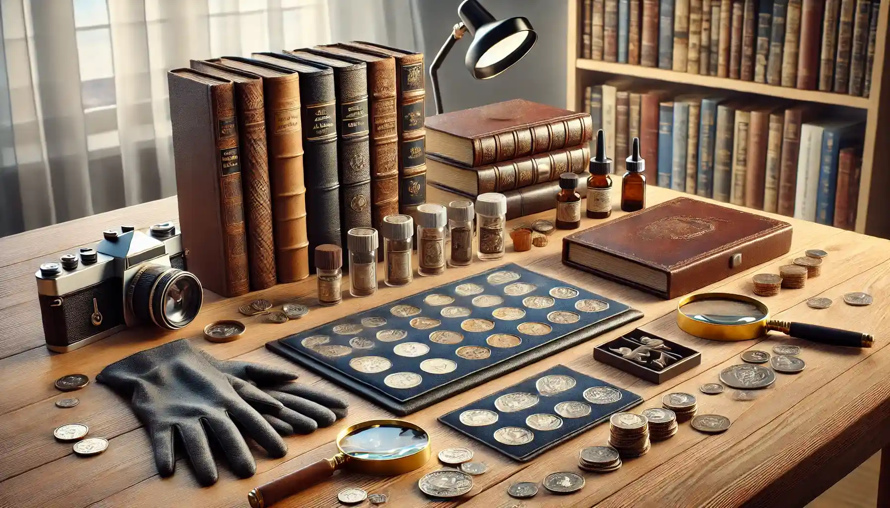a variety of numismatic accessories on a wooden table. Items include coin albums, protective sleeves, magnifying glasses, coin display cases, and gloves, all neatly arranged.
