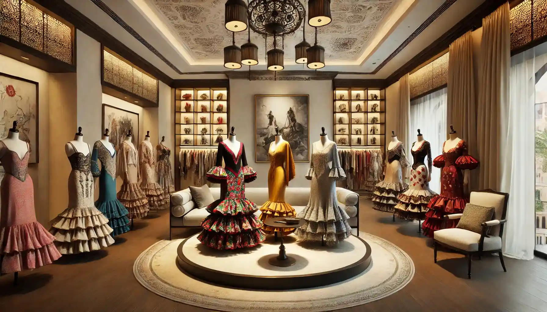 a luxurious Spanish fashion showroom in Madrid, highlighting a blend of traditional and modern designs, including flamenco-influenced dresses and contemporary high fashion outfits.