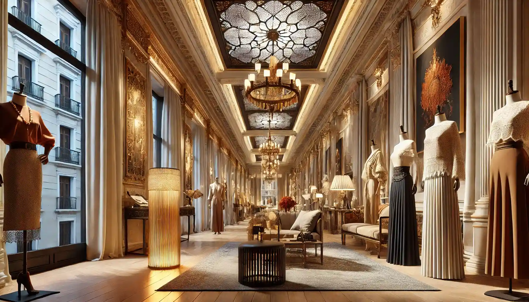 a Spanish luxury fashion gallery, showcasing a sophisticated setting with elegant displays of Spanish luxury fashion.