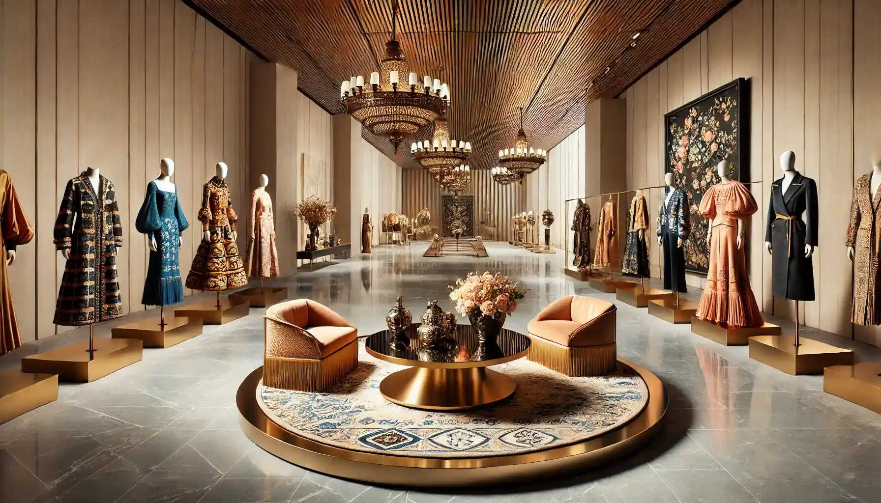 a sophisticated gallery setting that emphasizes Spanish luxury fashion, showcasing a blend of Spain's rich cultural heritage with modern design innovation.