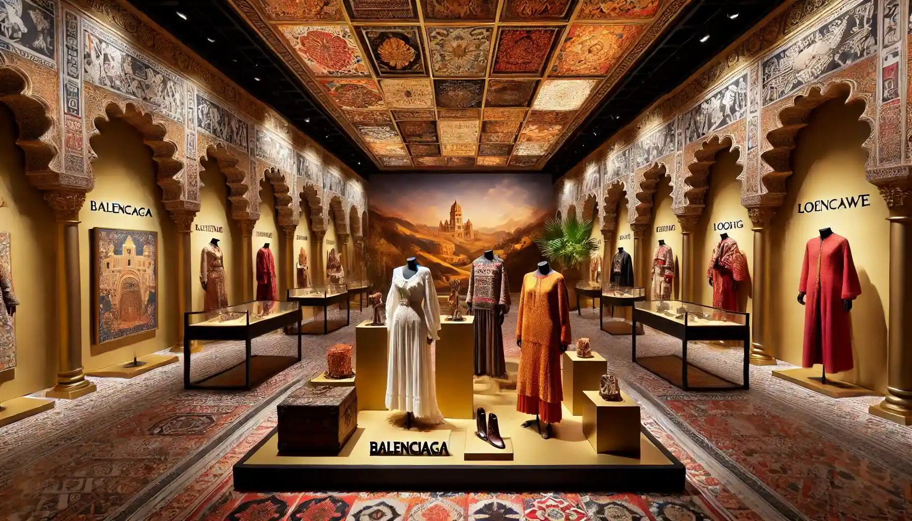 Spanish luxury fashion in a luxurious exhibition hall. This setting emphasizes the elegance and cultural heritage associated with iconic Spanish brands.