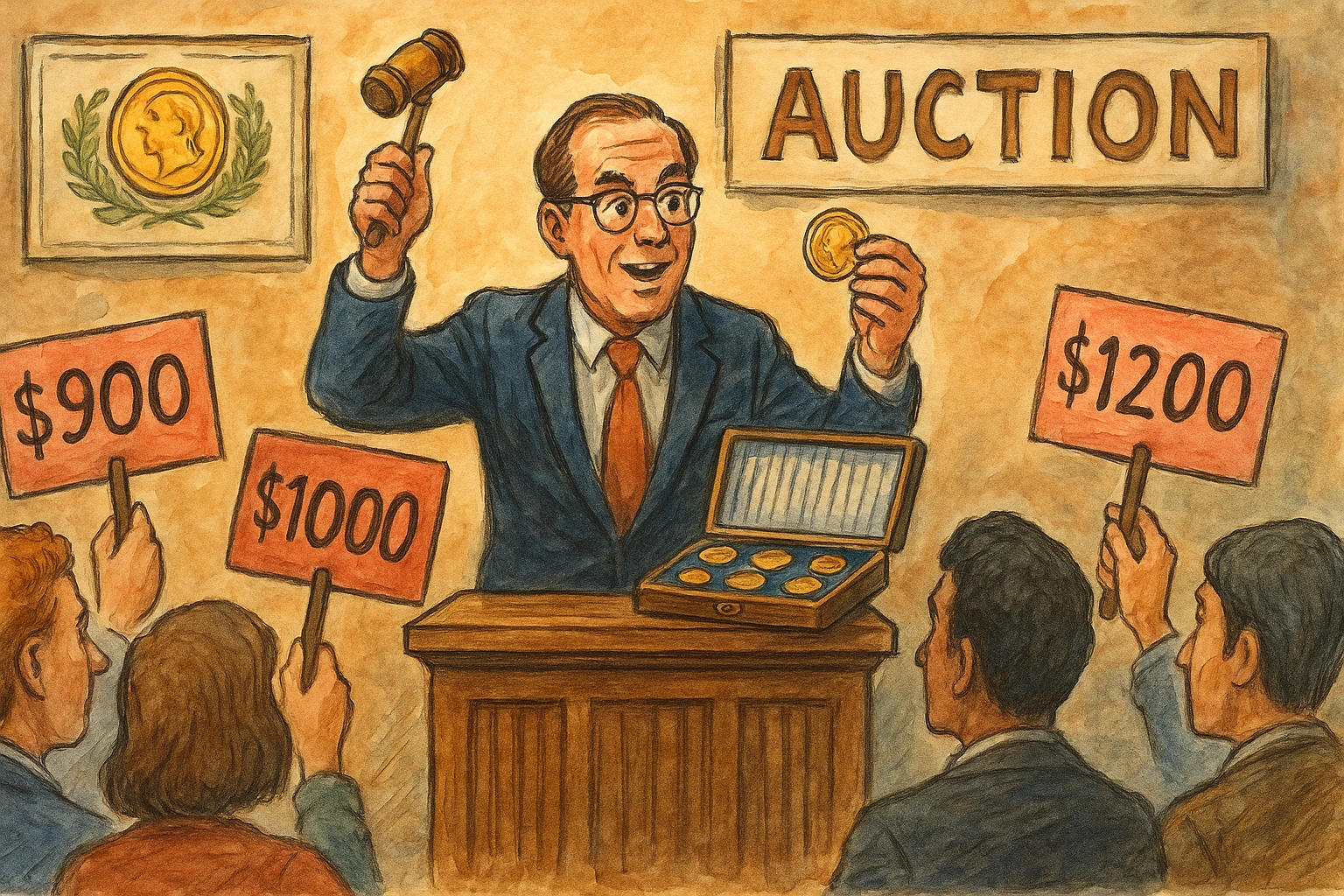 A numismatist is selling high-priced coins at the auction.