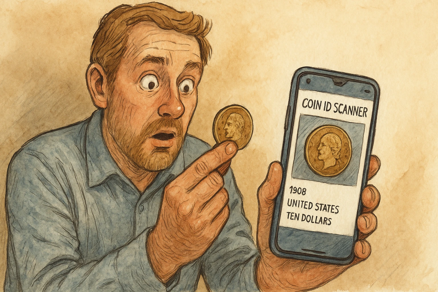 A surprised numismatist scans a coin via Coin ID Scanner.