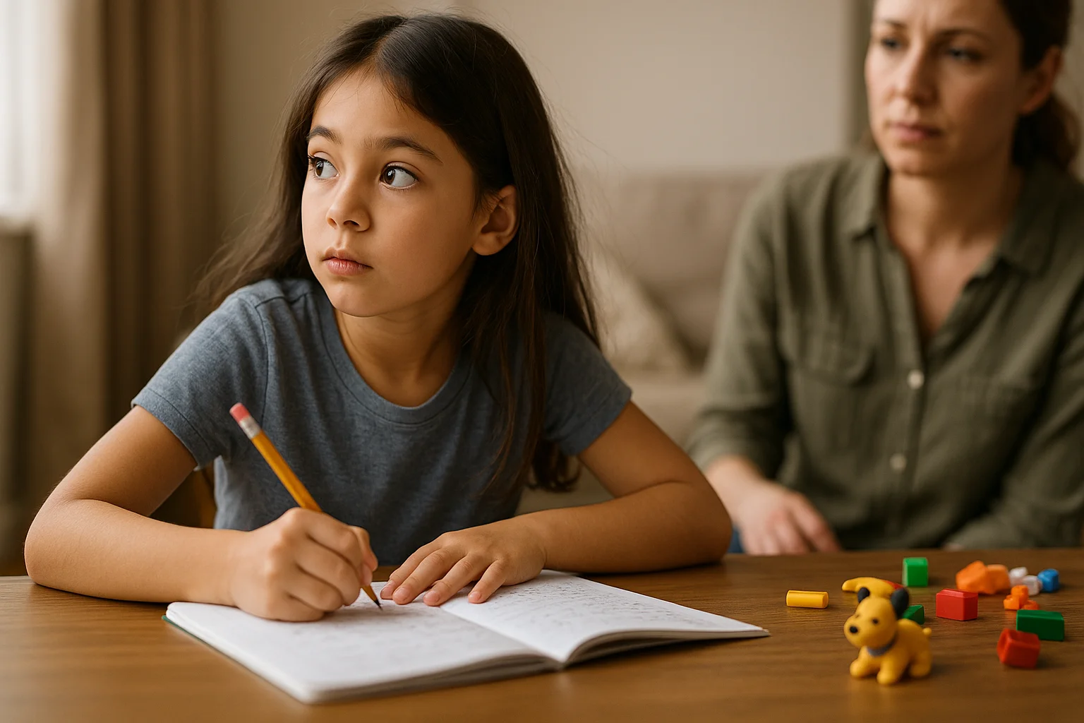 The girl is trying to concentrate on her homework, but something keeps distracting her.