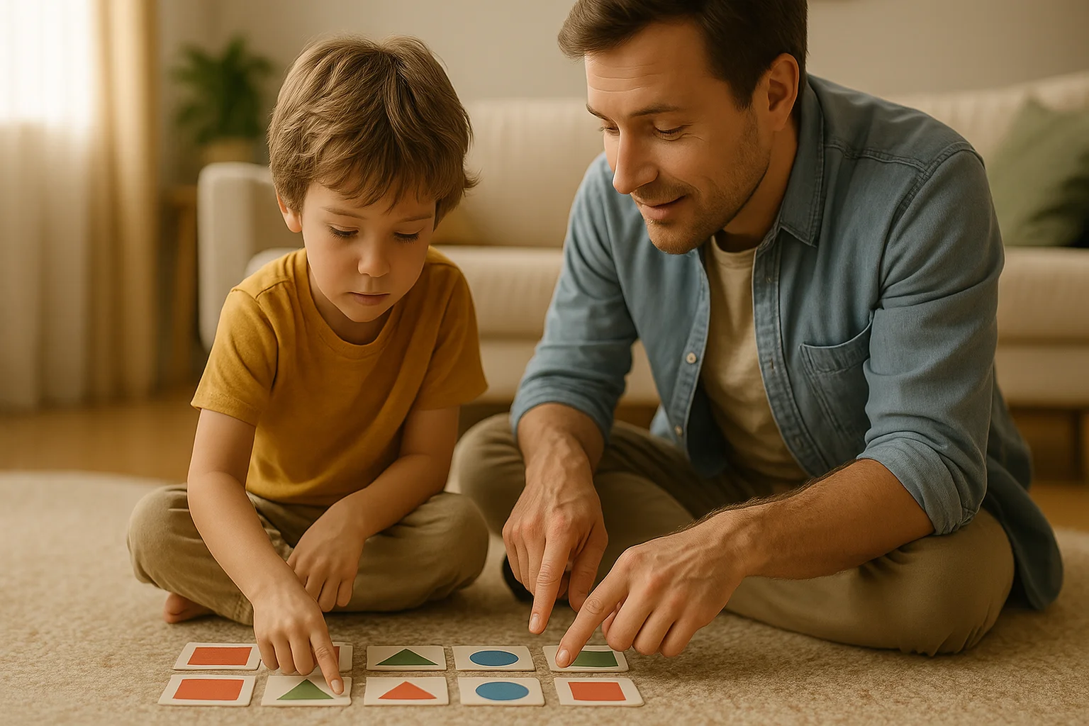 A father gently guides his young son with ADHD through a shape-matching game, creating a calm focus thanks to shared attention and structured play.