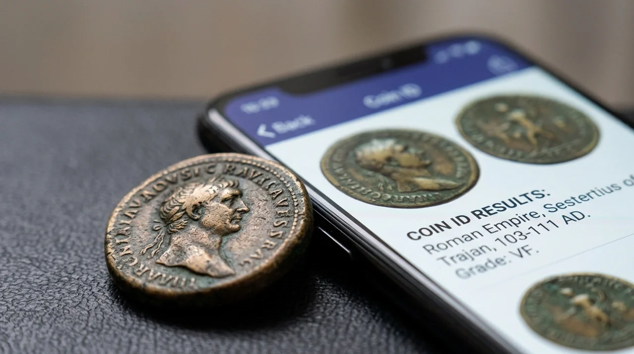 Macro shot of a coin next to a smartphone displaying coin identification results